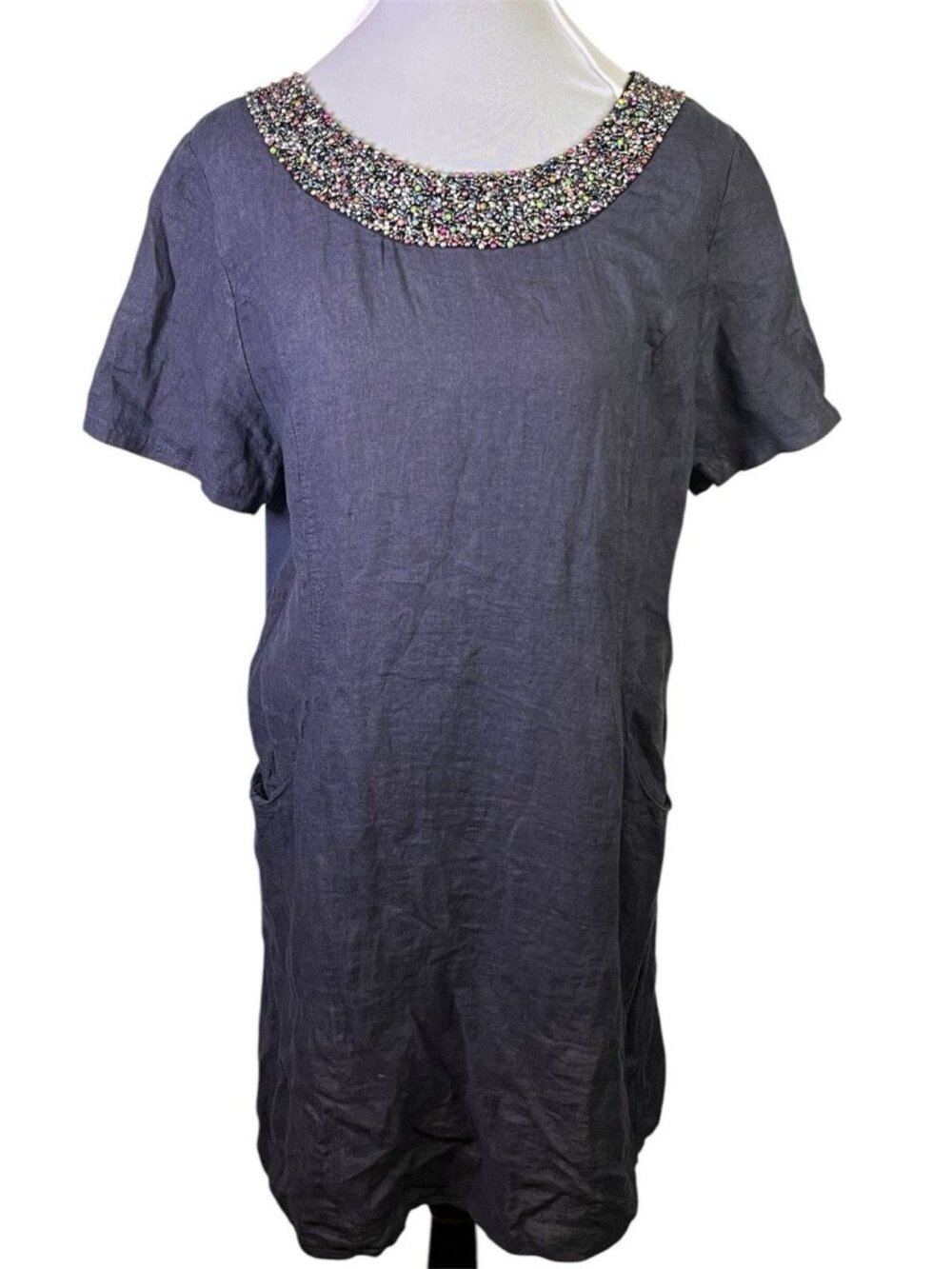 Lina Tomei Made in Italy 100% Linen Beaded Navy Shift Dress Sz L Pockets Panels
